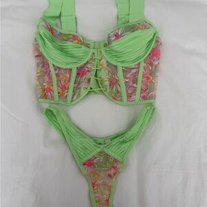 For Love And Lemons Green and Pink Floral Bra - XS bra and S thong bottoms